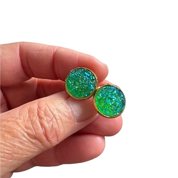 18K Gold Plated Green Blue Glitter and Gold Round Stud Earrings - Picture 2 of 6